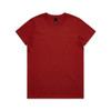 A red T-shirt featuring a round neckline and short sleeves, with a branding label on the inside.