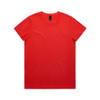 A red t-shirt with a round neckline and short sleeves, featuring a logo on the label.