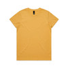A plain yellow T-shirt with a round neckline and short sleeves, featuring a logo on the tag inside.