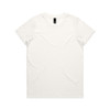 A plain white T-shirt with a round neckline and short sleeves. The shirt features a logo on the label.