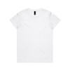 A plain white T-shirt with a round neckline and short sleeves, featuring a logo on the label.