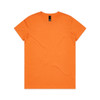 An orange T-shirt with a round neckline and short sleeves, featuring a logo on the tag.