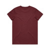 A maroon T-shirt with a simple design, featuring a branded logo on the back.