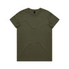 An olive green t-shirt featuring a round neckline and a branding label at the neckline.