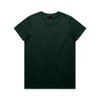 A dark green T-shirt with a crew neckline and short sleeves, featuring a logo on the neck label.