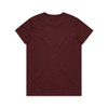 A maroon T-shirt featuring a plain back design and a logo at the neckline.