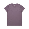 A purple T-shirt with a round neckline and short sleeves, featuring a logo on the tag.