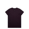 A dark purple t-shirt featuring a crew neck and short sleeves, with a branding label inside.
