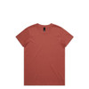 A plain rust-coloured T-shirt with a crew neckline and short sleeves, featuring a brand logo on the label.