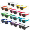 A selection of Malibu Premium Sunglasses in white, yellow, green, pink, red, blue, and purple, featuring dark lenses.