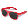 A pair of red sunglasses with dark lenses and a glossy finish, featuring a logo on the side.