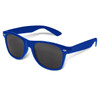 A pair of blue sunglasses with dark lenses and a branded logo on the side.