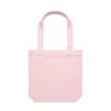 A pink tote bag with two handles and a simple, unadorned design. It features a logo on the front.