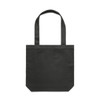 A black tote bag with long handles and a simple design. The bag features a branding label.