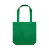 A green tote bag with two shoulder straps and a flat, rectangular base. The bag features a logo.