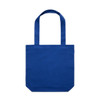 A blue tote bag with two long handles and a spacious main compartment, featuring a branding logo.