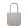 A grey tote bag with two shoulder straps and a simple design. The bag features a logo.