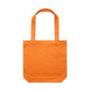 An orange tote bag with two straps and a simple, unadorned design. It features a logo.