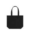 A black tote bag with two handles and a simple design. It features a logo on the front.