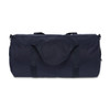 A navy duffel bag with dual handles and a zippered closure, featuring a logo.