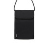 A black recycled phone bag with a flap closure and adjustable strap, featuring a logo.