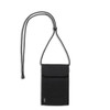A black recycled phone bag with a drawstring strap, featuring a flap closure and branding.
