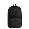 A black backpack featuring a front pocket, a hanging loop, and a logo on the front panel.