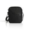 A black recycled transit bag with a front zip pocket and an adjustable shoulder strap, featuring a logo.