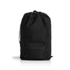 A black recycled rucksack featuring a drawstring closure and a front zip pocket, with a brand logo.