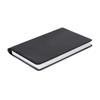 A black notebook with a smooth cover and lined pages, designed for office and business use.