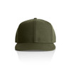 An olive green cap with a flat brim and five panels, featuring a logo on the front.