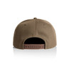 A brown cap with a flat brim and adjustable strap at the back, featuring a logo.
