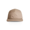 A light brown five-panel cap featuring a logo on the front and a curved brim.