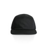 A black Finn Five Panel Cap with a structured design and a logo on the side.