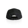 A black Finn Five Panel Cap featuring a rear adjustable strap and ventilation eyelets.