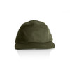 A green Finn Five Panel Cap with a flat brim and a logo. Ideal for casual headwear.