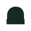 A dark green cuff beanie with a simple, textured design and a folded hem. It features a logo.