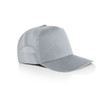 A grey trucker cap featuring a solid front panel and mesh back. Includes a logo on the front.