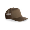 A brown trucker cap featuring a solid front and mesh back, complete with a logo on the front.