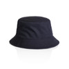 A navy bucket hat with a wide brim and a plain design, featuring a logo on the side.