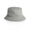 A grey bucket hat with a wide brim and a single ventilation hole, featuring a logo on the side.