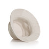A cream bucket hat with a wide brim, featuring an inner lining and a subtle logo.