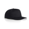A black cotton cap with a structured design and a curved brim, featuring a logo on the front.