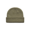 An olive green knitted beanie with a folded cuff and a textured design, featuring a small logo.