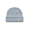 A light blue beanie with a foldable cuff and a textured knit design. Includes a logo.