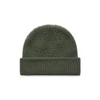 A green knitted beanie with a fold-up brim, featuring a logo on the side.