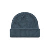 A blue beanie with a textured knit design and a folded cuff. It features a logo on the side.