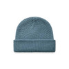 A blue beanie with a textured knit design and a folded brim. It features a logo on the side.