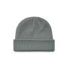 A grey beanie with a textured knit design and a folded cuff, featuring a logo.
