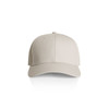 A beige cap with a structured front, featuring an adjustable strap at the back and a logo.